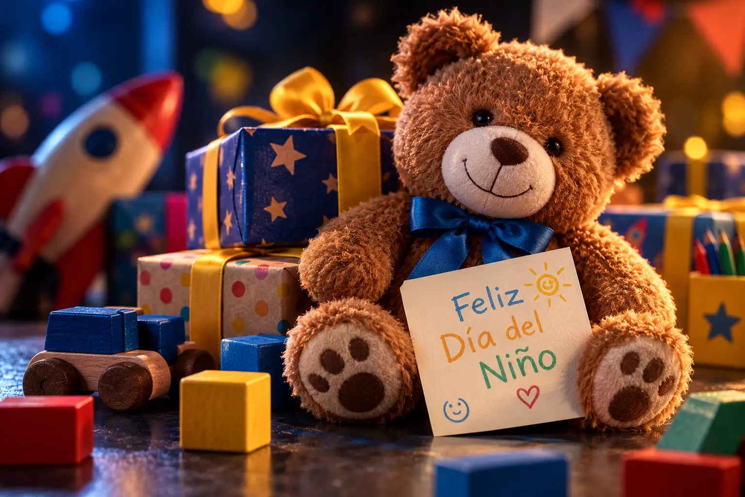 Oso de peluche rodeado de juguetes de colores