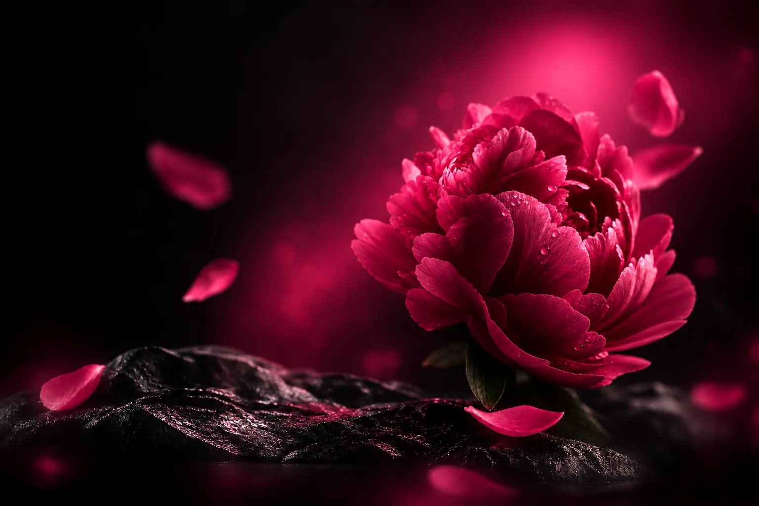 Peonía fucsia en flor sobre fondo oscuro