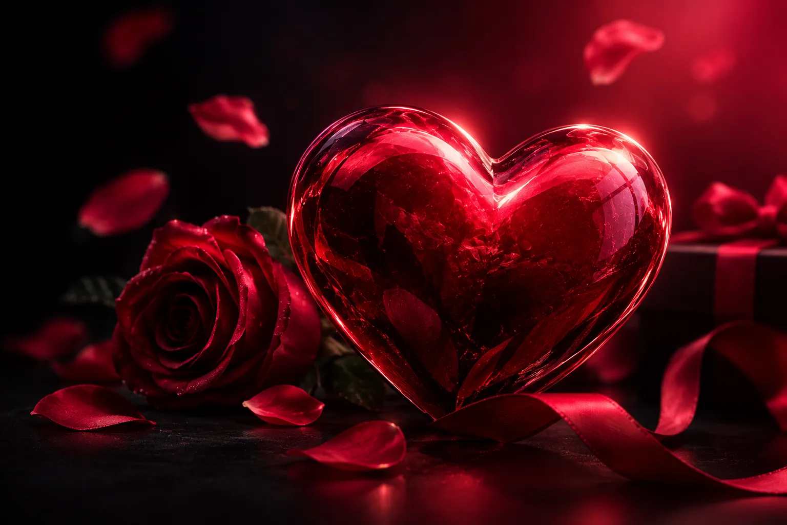Corazón de vidrio rojo entre rosas y pétalos